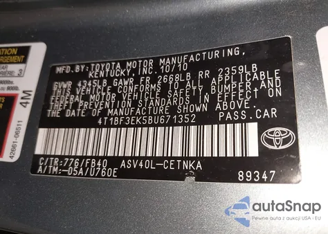 2011 Toyota Camry Le z USA, uszkodzony, nr VIN 4T1BF3EK5BU671352